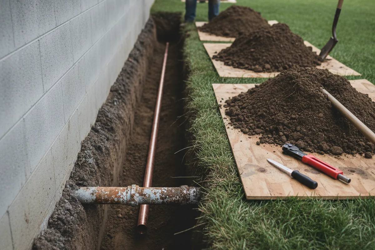 Excavated water line trench during Water Softener Installation in Chandler